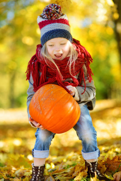 entzückende kleine mädchen, die spaß auf einem kürbisfeld an schönen herbsttag - pumpkin child little girls pumpkin patch stock-fotos und bilder