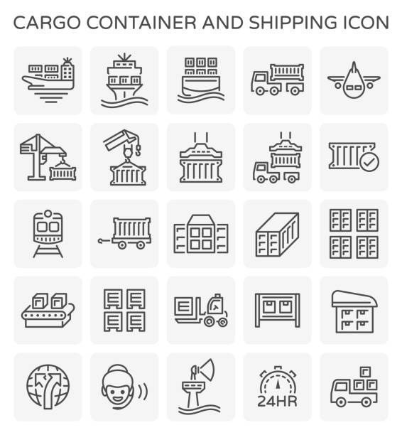 cargo container icon Vector line icon of cargo container and shipping work. cargo container stock illustrations
