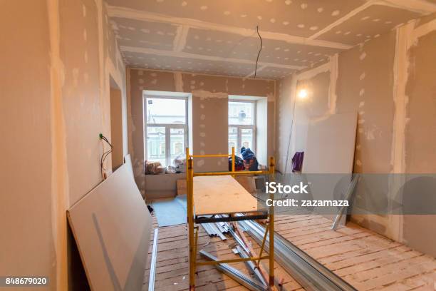 Material For Repairs In An Apartment Is Under Construction Remodeling Rebuilding And Renovation Making Walls From Gypsum Plasterboard Or Drywall Stock Photo - Download Image Now