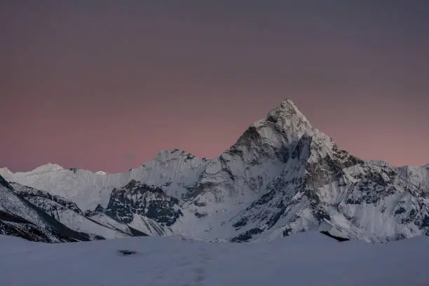 Amadablam peak at sunset in Khumbu valley in Nepal, Himalayas