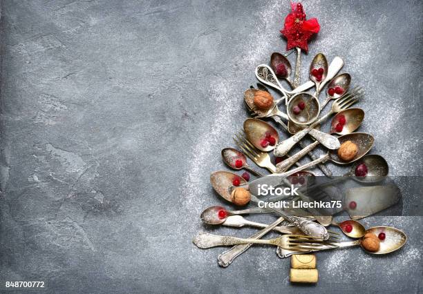 Abstract Christmas Tree Made From Cutlery Stock Photo - Download Image Now - Christmas, Christmas Tree, Cooking