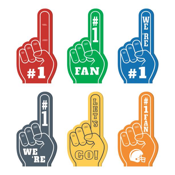 Foam fingers icons in six colors. We&#39;re #1. Lets&#39; Go. Number One Fan Foam fingers icons in six colors. We&#39;re #1. Lets&#39; Go. Number One Fan number 1 illustrations stock illustrations