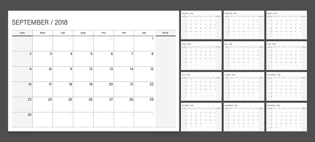 Calendar 2018 week start on Sunday. Calendar planner corporate design template.