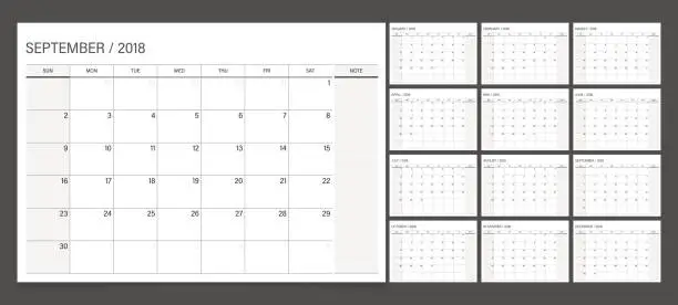 Vector illustration of Calendar 2018 week start on Sunday. Calendar planner corporate design template.