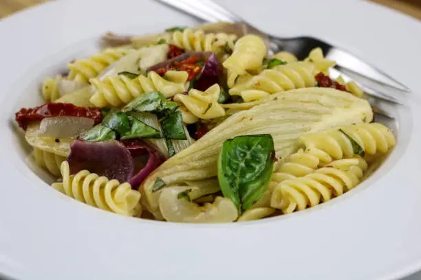 Rotini pasta salad with fennel, red onions and sun dried tomatoes