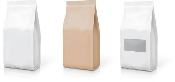 Vector illustration of White foil or paper snack bag set. Packaging in food. Vector illustration