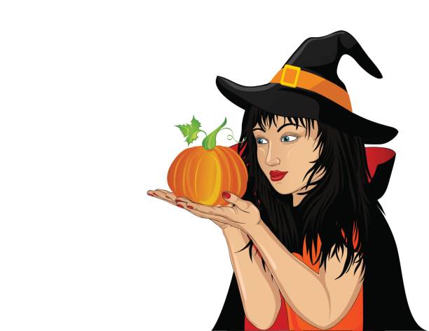 istock Halloween. A happy woman in a hat and a witch costume holds a pumpkins in her hands. Wow. Vector. Greeting card or invitation for a holiday or a party. Pop art style 848731854