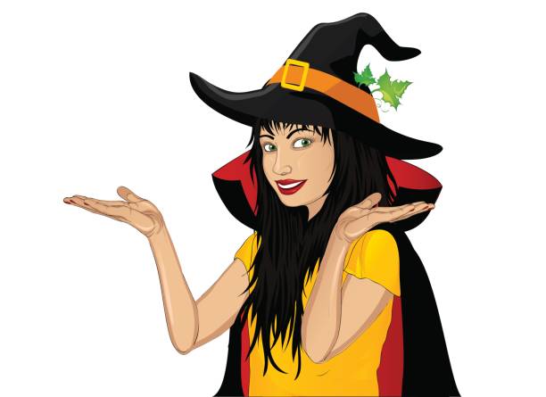 istock Halloween.Happy woman in hat and witch costume showing a gesture with two hands at empty copy space for your text or advertising. Wow. Vector. Greeting card or invitation for a holiday or party. Pop art style 848731864