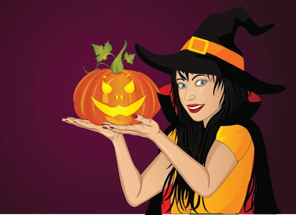 istock Halloween. A happy woman in a hat and a witch costume holds a pumpkins in her hands. Wow. Vector. Greeting card or invitation for a holiday or a party. Pop art style 848731870