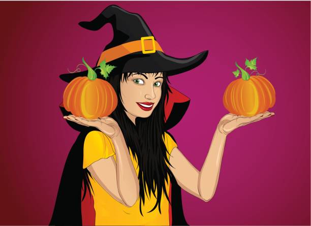 istock Halloween. A happy woman in a hat and a witch costume holds a pumpkins in her hands. Wow. Vector. Greeting card or invitation for a holiday or a party. Pop art style 848731872