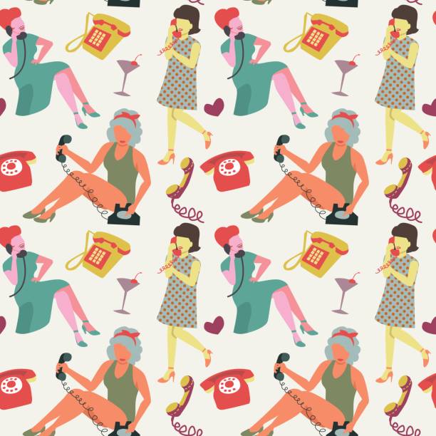 Faceless Woman with Phone Seamless Pattern Faceless Woman Chatting on Vintage Phone Seamless Pattern. Retro Style Fashion Background. Pop Art Girl. Vector illustration 60s style dresses stock illustrations