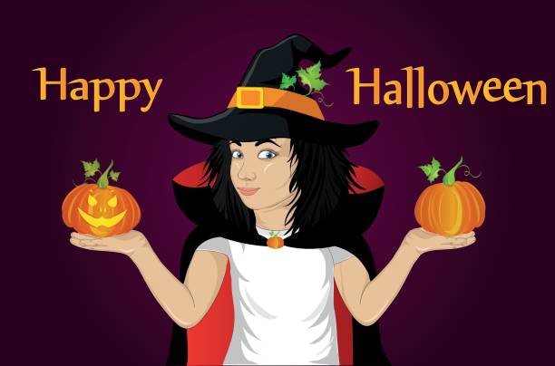 istock Wow !Halloween. Happy girl in a hat and a witch costume blowing pumpkin from her hands. Vector. Greeting card or invitation for holiday or party. Pop art style 848740352