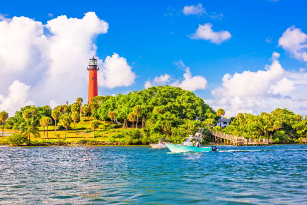 Jupiter Florida Inlet Jupiter, Florida, USA inlet and light house. west palm beach fl stock pictures, royalty-free photos & images