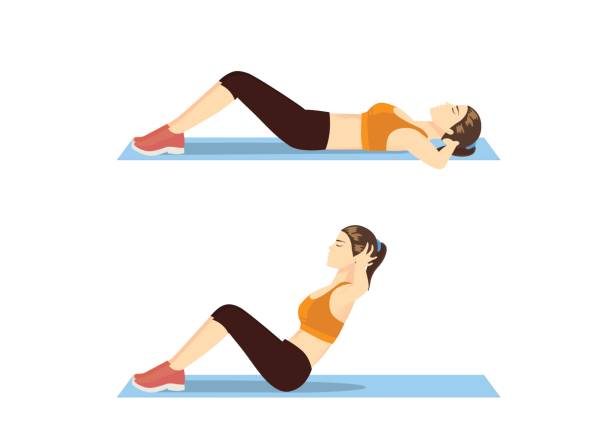 Woman who was fat doing sit up on mat. Woman who was fat doing sit up on mat. Illustration about correct exercise posture. sit ups stock illustrations