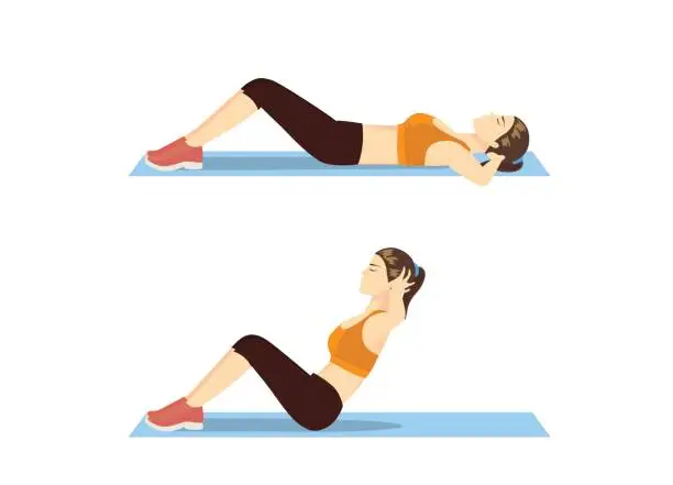 Vector illustration of Woman who was fat doing sit up on mat.