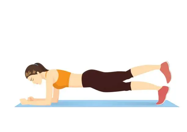 Vector illustration of Woman doing a plank workout with leg lift on blue mat