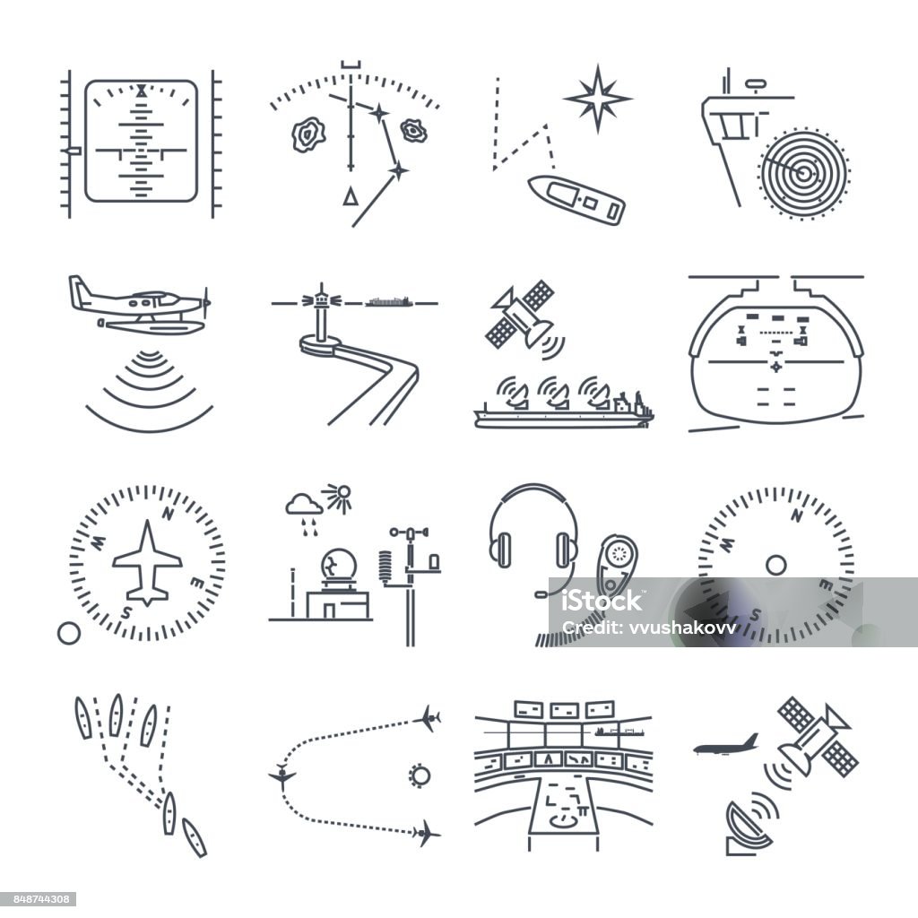 set of thin line icons sea and air navigation, equipment set of thin line icons sea and air navigation, piloting, equipment, devices Cockpit stock vector