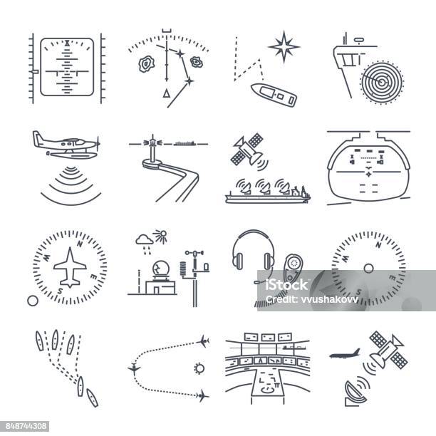 Set Of Thin Line Icons Sea And Air Navigation Equipment Stock Illustration - Download Image Now