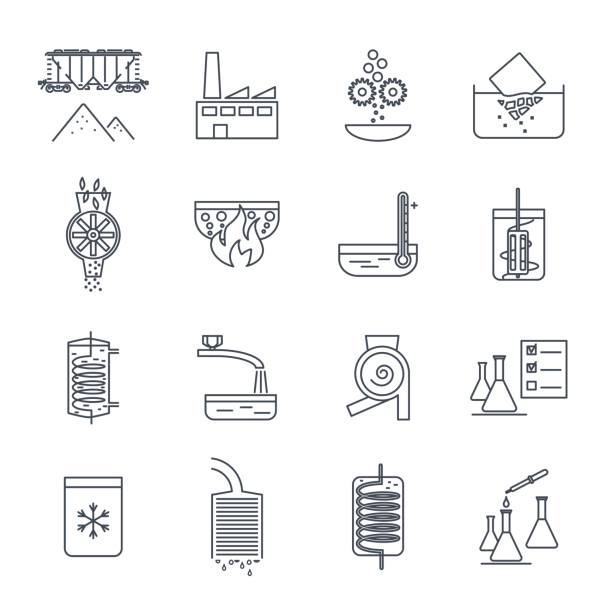 set of thin line icons industrial production, manufacturing set of thin line icons industrial production, manufacturing process, technology, equipment grind stock illustrations