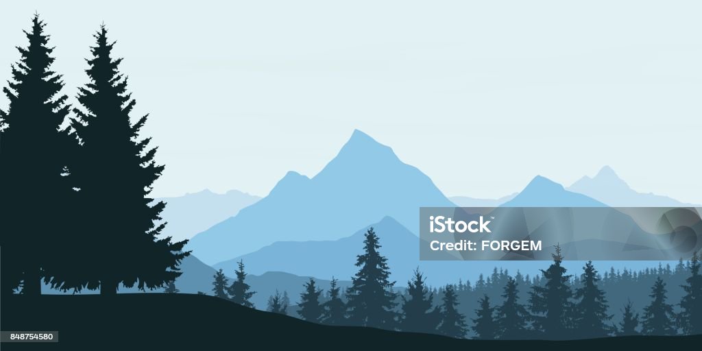 Panoramic view of mountain landscape with forest and hill under blue sky with clouds - vector illustration Mountain stock vector