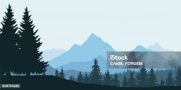 Panoramic View Of Mountain Landscape With Forest And Hill Under Blue Sky With Clouds Vector Illustration Stock Illustration - Download Image Now