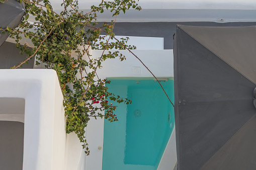 view from above the balconies of Santorini, oia.