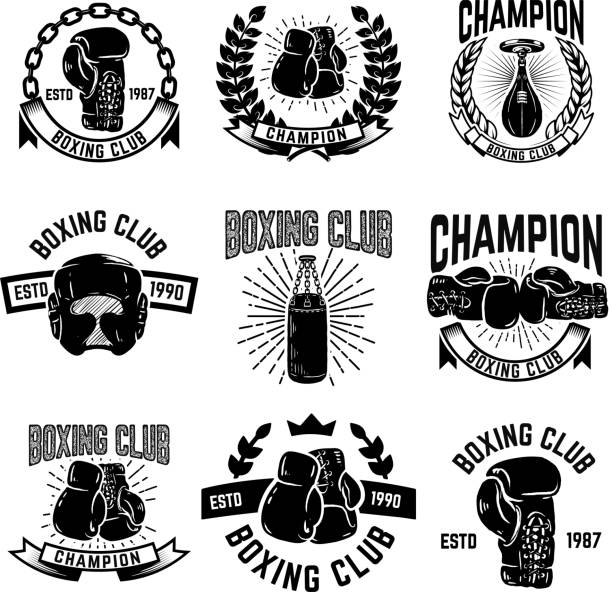 ilustrações de stock, clip art, desenhos animados e ícones de set of boxing club emblems. boxing gloves. - boxing glove sports glove retro revival old fashioned