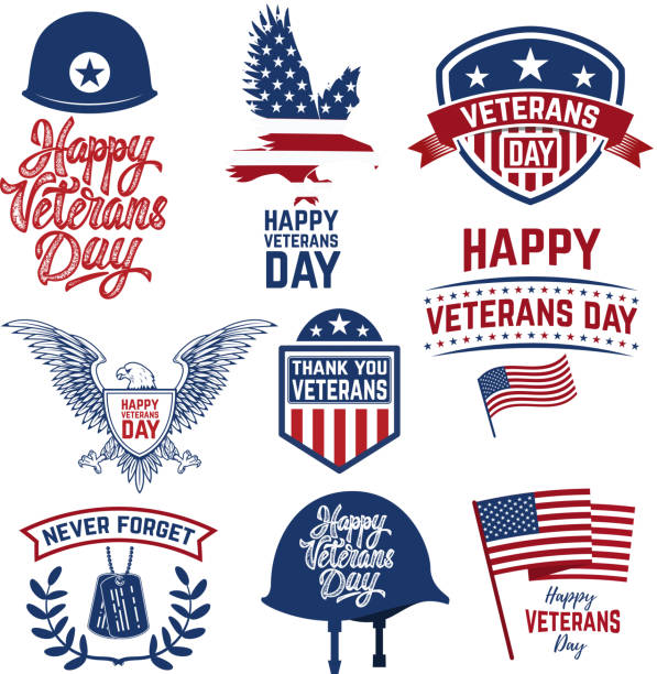 satz von glücklich veterans day embleme. embleme mit amerikanischen flaggen. - symbol military star eagle stock-grafiken, -clipart, -cartoons und -symbole