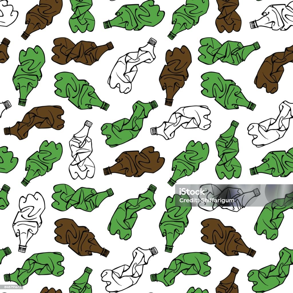 Seamless pattern of recyclable materials. Hand drawn illustration of plastic trash Crushed stock vector