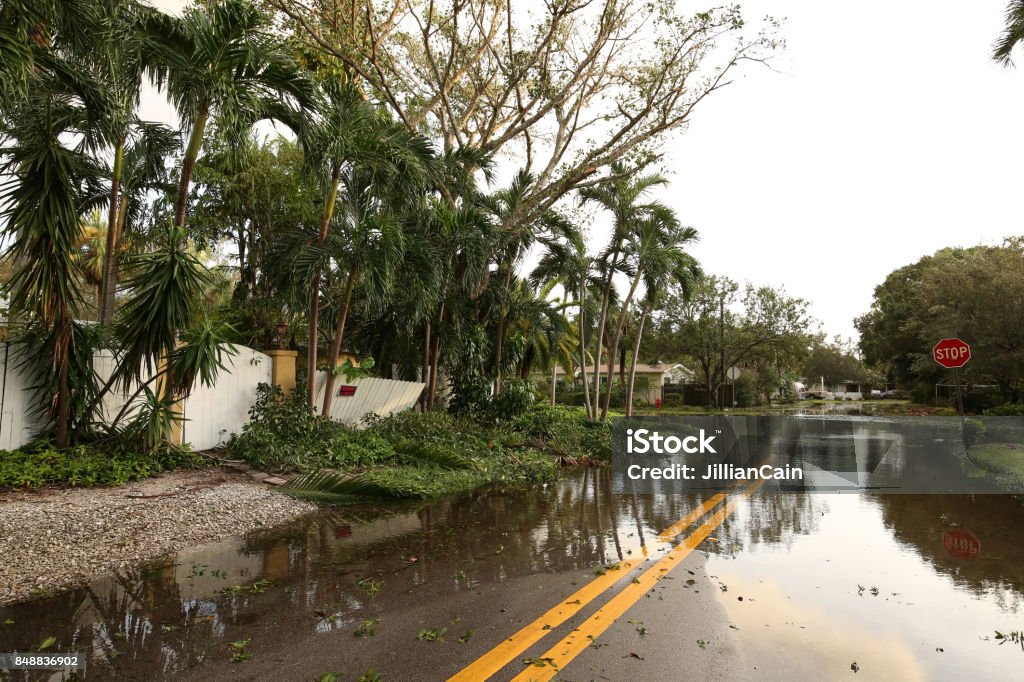 Flooded streets in Fort Lauderdale, Florida, USA. Flooded streets of a residential neighborhood in Fort Lauderdale, Florida, as seen on the morning after Hurricane Irma comes through the city. Florida - US State Stock Photo