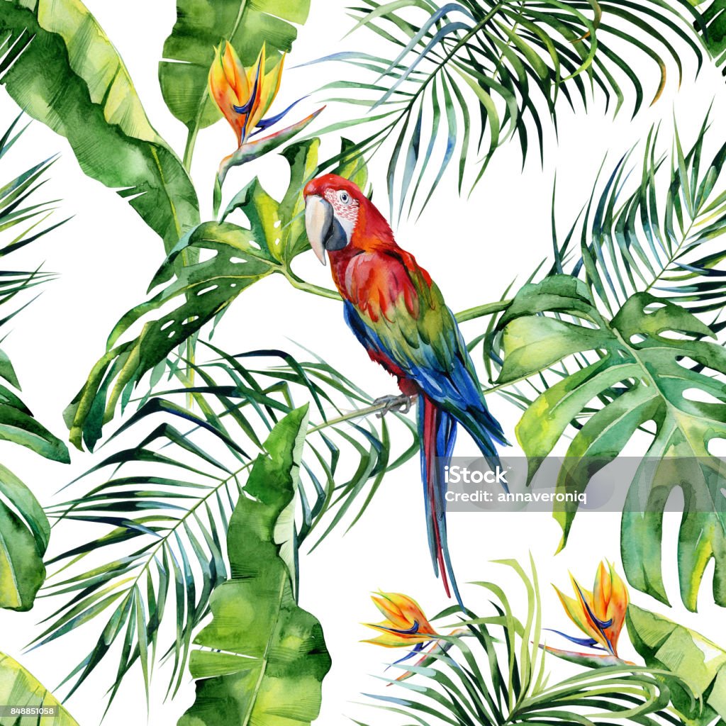 Seamless watercolor illustration of tropical leaves, dense jungle. Scarlet macaw parrot. Strelitzia reginae flower. Hand painted. Pattern with tropic summertime motif. Coconut palm leaves. Backgrounds stock illustration