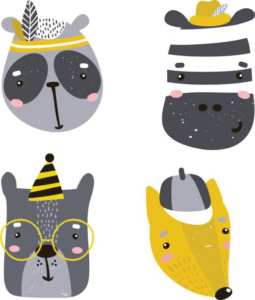 4 귀여운 동물 얼굴의 설정. 크리에이 티브 동물 얼룩말, 개, 곰, 팬더, 보육, 의류, 카드를 인쇄 합니다. 벡터 일러스트 레이 션 - wallaroo stock illustrations