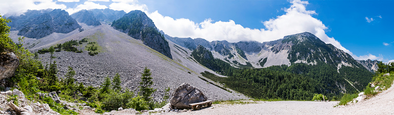 Way to Maltschacher Alm with view to Karawanks with mountains Hochstuhl, Klagenfurter Spitze and Edelweissspitzen