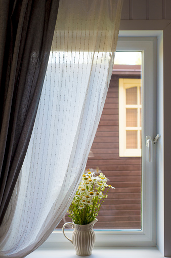 Bouquet of chamomiles flowers on the window sill