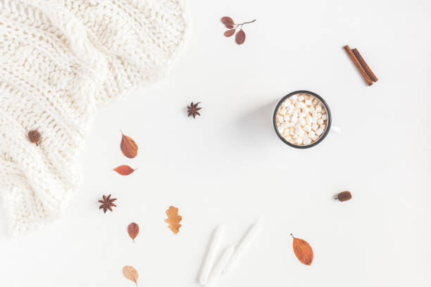 Autumn Fall composition on white background. Flat lay, top view Autumn composition. Hot chocolate, blanket, autumn leaves, cinnamon sticks on white background. Flat lay, top view hot chocolate photos stock pictures, royalty-free photos & images
