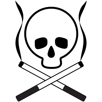 Skull with crossed cigarettes. Black and white icon. Propoganda tobacco control. Vector illustration