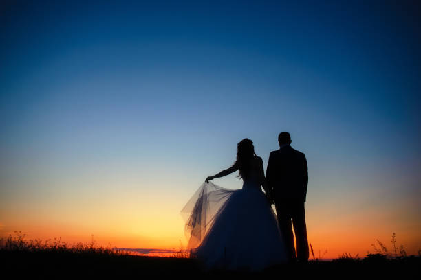istock wedding couple in field. Bride and groom together. 848874554