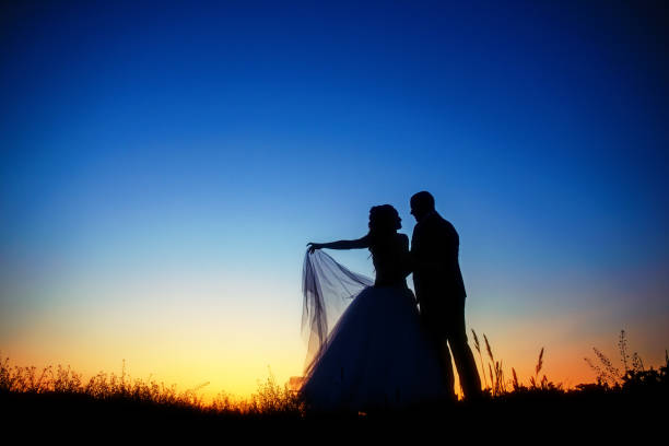 istock wedding couple in field. Bride and groom together. 848874580