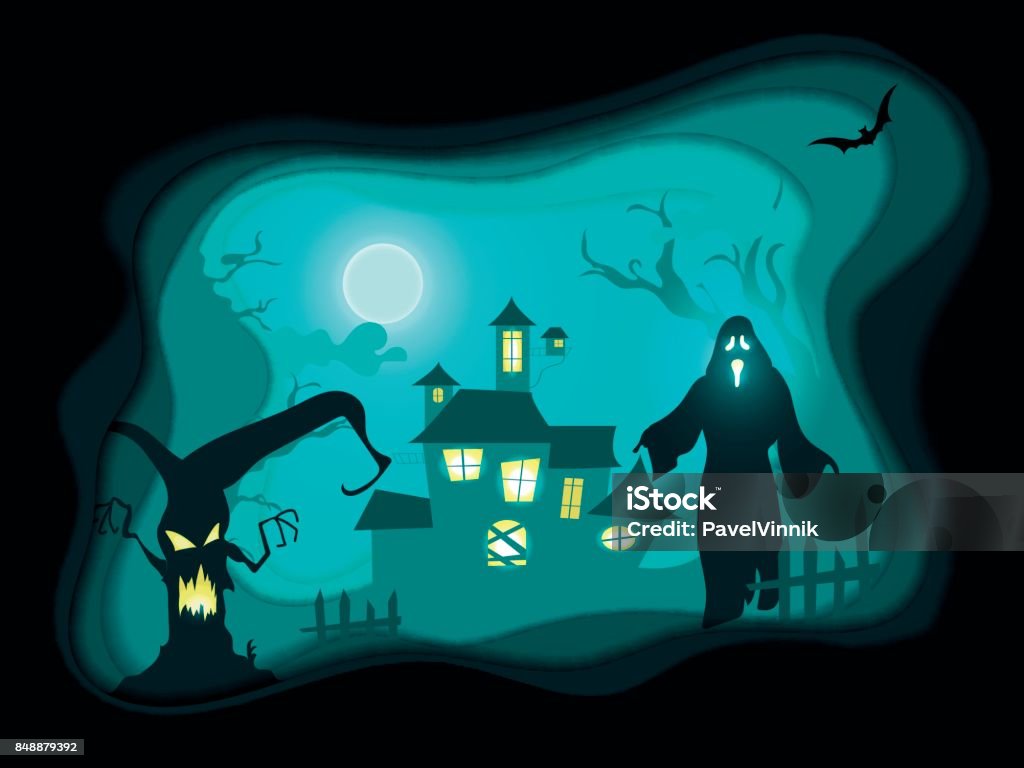 Halloween Night Poster Background With Haunted House Scary Tree Full Moon  And Death Monster Paper Art Carving Style Flyer Or Invitation Template For  Halloween Party Vector Illustration Stock Illustration - Download Image