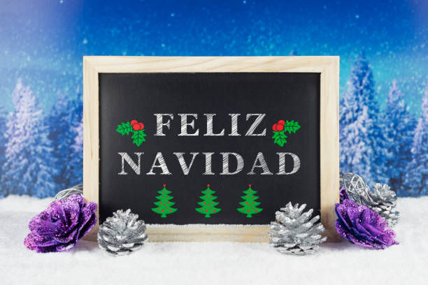 Chalkboard with Christmas decoration with snow and pine tree landscape background and text \