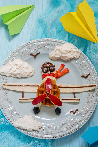Funny Airplane breakfast waffle with fruits for boy kids