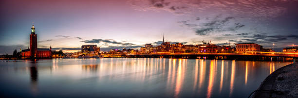 Stockholm sunset skyline panorama with City Hall