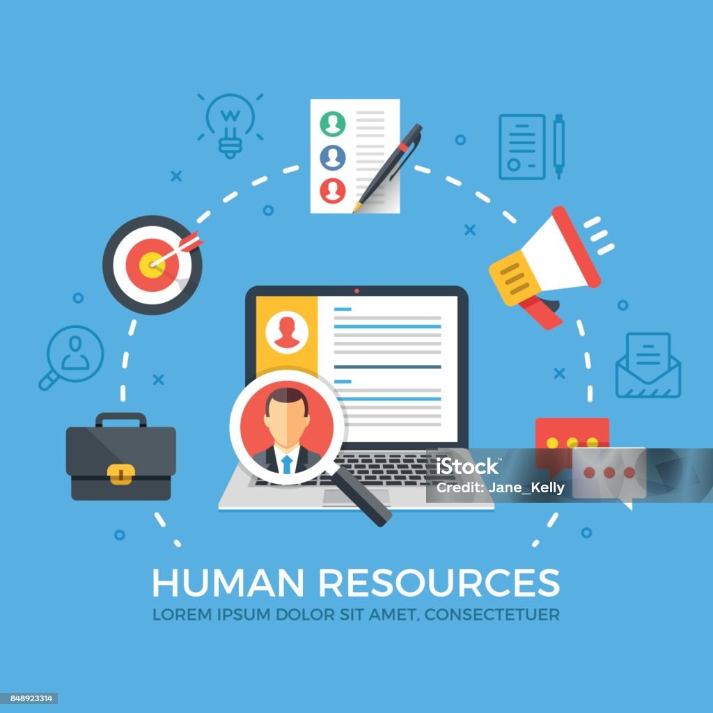 Human resources flat illustration concept. Laptop with magnifying glass. Creative flat icons set, thin line icons set, modern graphic elements. Vector illustration Human resources flat illustration concept. Laptop with magnifying glass. Creative flat icons set, thin line icons set, modern graphic elements for web banners, websites, infographics. Vector illustration Human Resources stock vector