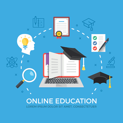 Online education flat illustration concept. Elearning, e-learning, online courses concepts. Laptop with book and graduation hat. Creative flat icons set, thin line icons set for web banners, web sites, infographics. Modern vector illustration