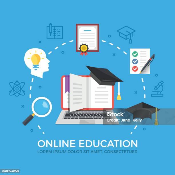 Online Education Flat Illustration Concept Elearning Elearning Online Courses Concepts Laptop With Book And Graduation Hat Creative Flat Icons Set Thin Line Icons Set Modern Vector Illustration Stock Illustration - Download Image Now