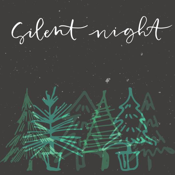 ilustrações de stock, clip art, desenhos animados e ícones de abstract stars on dark background with christmas tree and handwritten calligraphy phrase silent night. greeting card and poster. - silent night illustrations