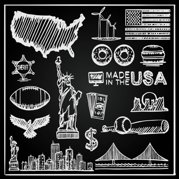 ilustrações de stock, clip art, desenhos animados e ícones de chalkboard collection of icons the united states. - new york canyon