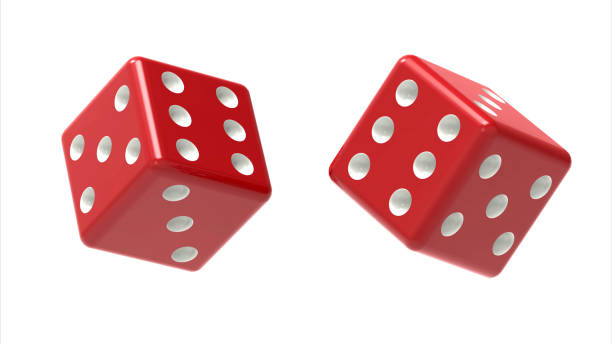 Two red dices rolls in the air isolated on white. 3D Rendering stock photo