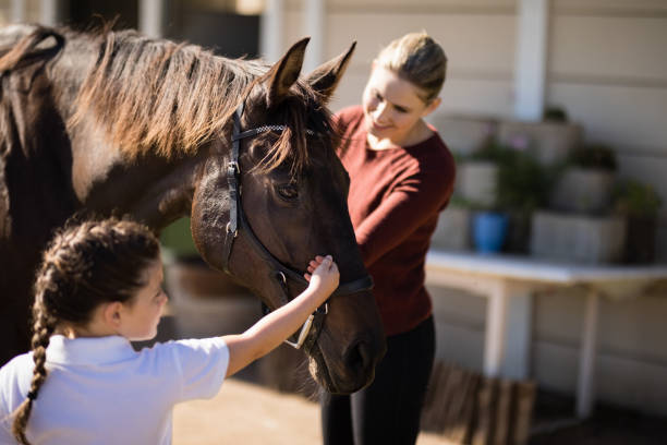 istock Mother and daughter touching the horse 848956216