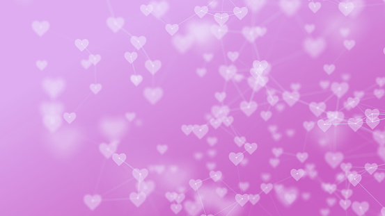 White defocused heart icons forming a neuron like look with connecting lines over a pink background. Social network and love concept. Horizontal composition.